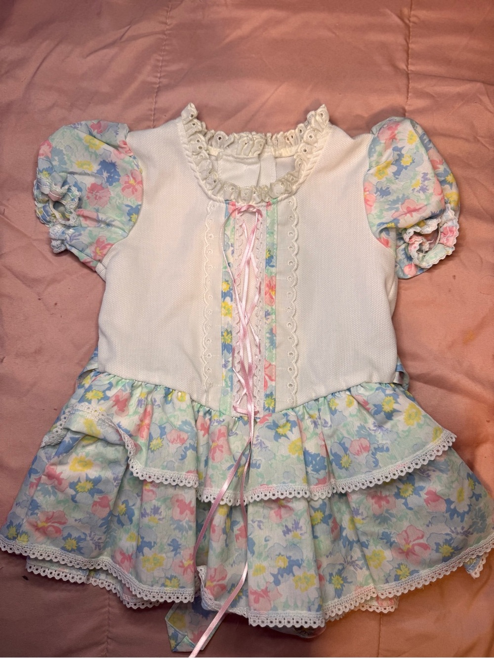Vintage “sweet treats” Girls White & Pastel Floral Bubble Romper